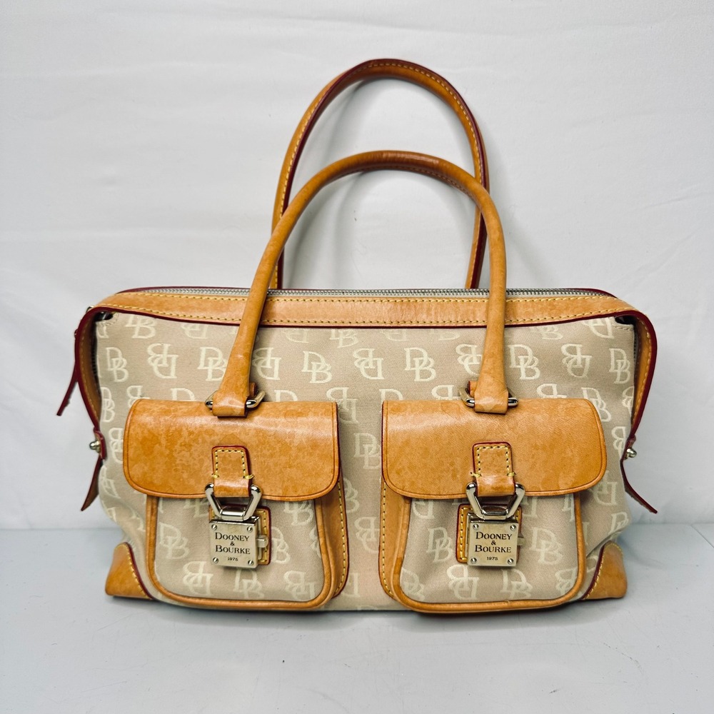 Dooney & Bourke Signature Monogram Canvas Satchel Bag Beige Tan Leather Trim